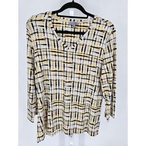 Amber Sun Womens Sz XL Long Sleeve V Neck Blouse Yellow Black Abstract Print